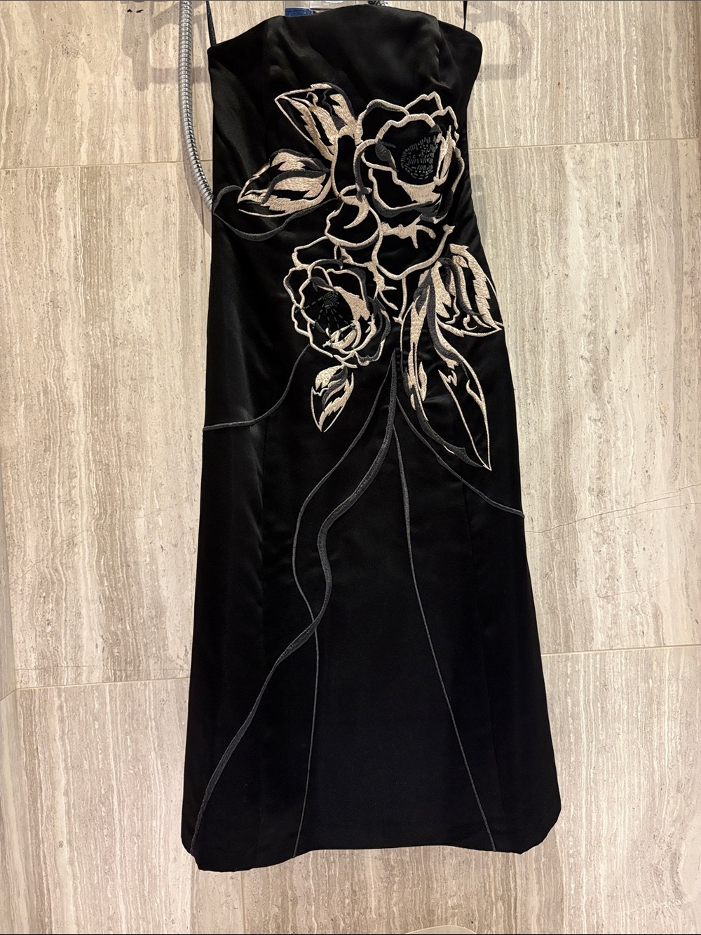 White House Black Market Strapless Black Dress with Ivory Floral Embroidery